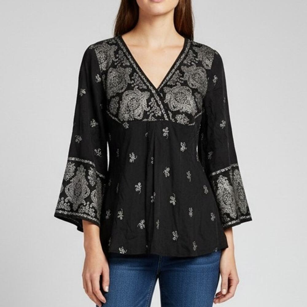 New York City Design Co. Bell Sleeve Paisley V Neck Blouse Black Womens Sz Large